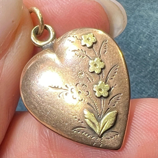 10k Yellow + Rose Gold Antique French Heart Pendant w Raised Flowers