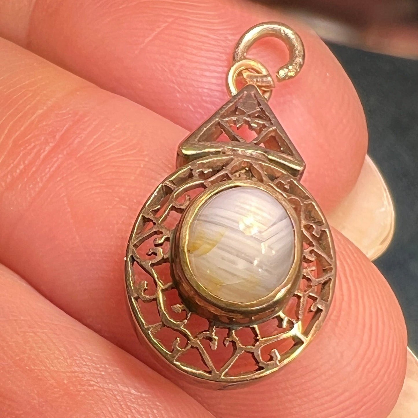 10k Yellow Rose Gold Antique Gray Star Sapphire Filigree Pendant B