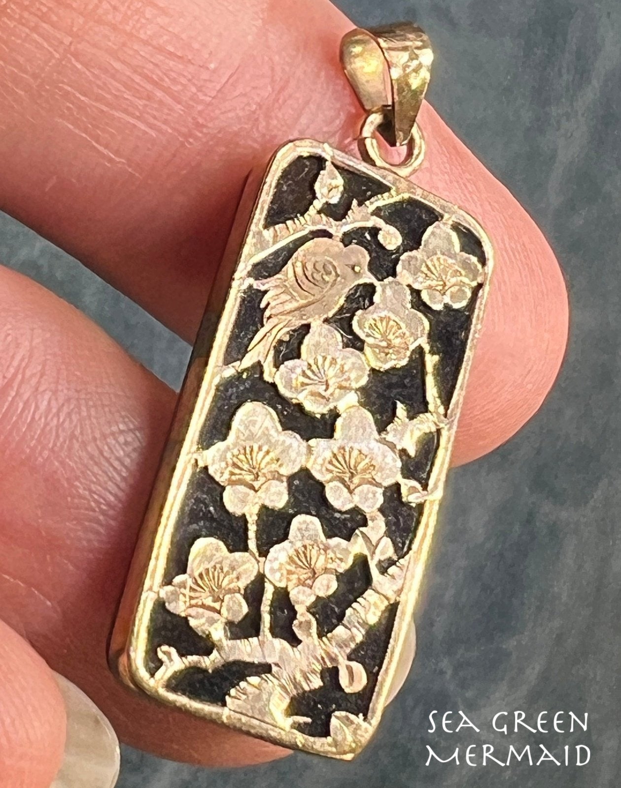 10k Yellow + Rose Gold Bird in Cherry Blossoms + Onyx Pendant. 1"