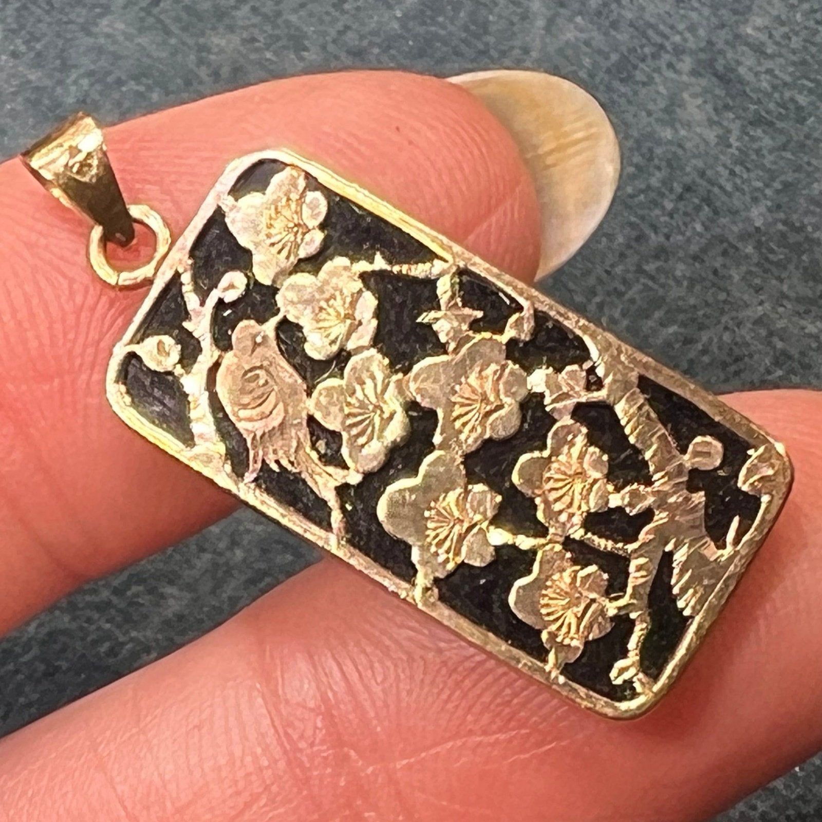 10k Yellow + Rose Gold Bird in Cherry Blossoms + Onyx Pendant. 1"