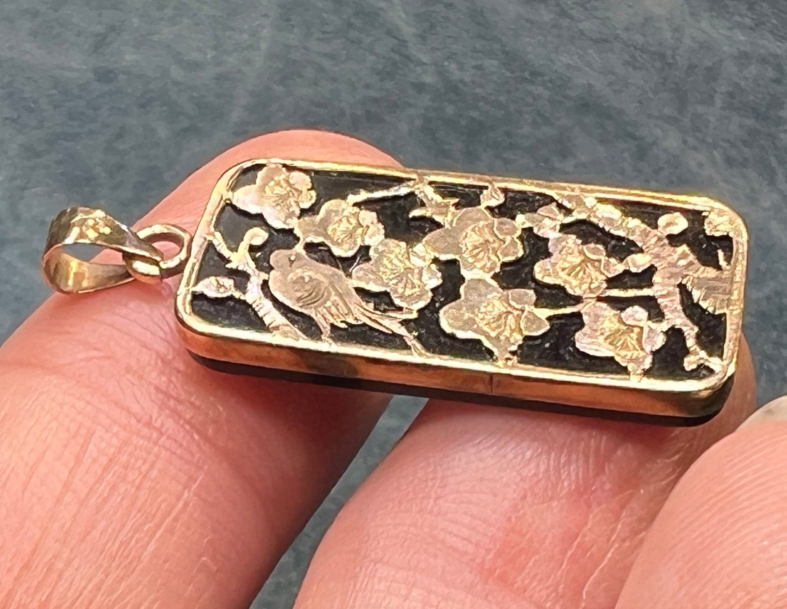 10k Yellow + Rose Gold Bird in Cherry Blossoms + Onyx Pendant. 1"