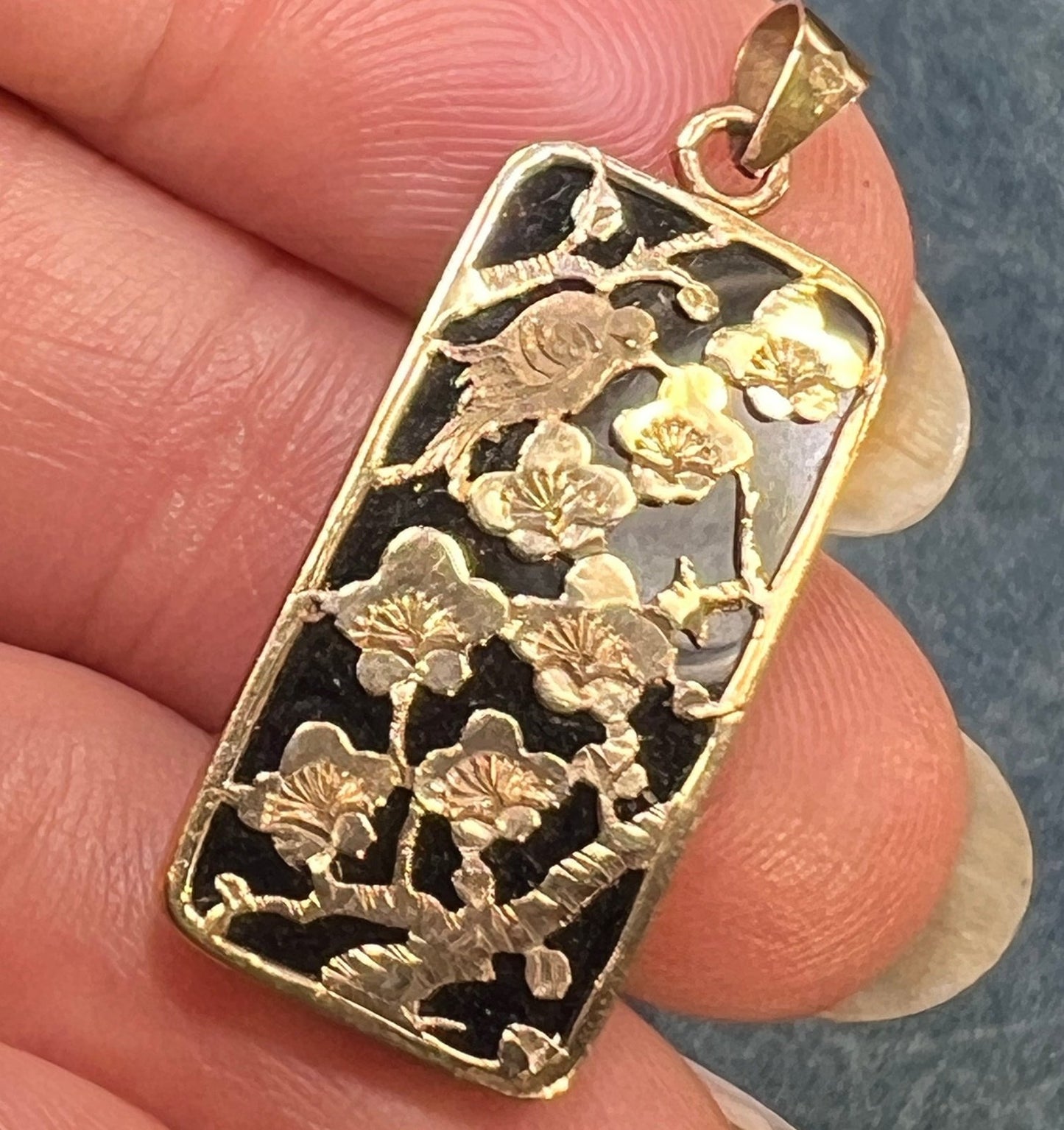 10k Yellow + Rose Gold Bird in Cherry Blossoms + Onyx Pendant. 1"