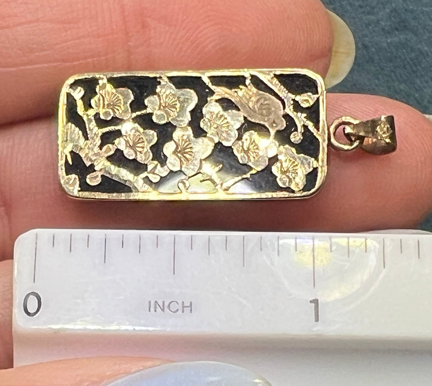 10k Yellow + Rose Gold Bird in Cherry Blossoms + Onyx Pendant. 1"