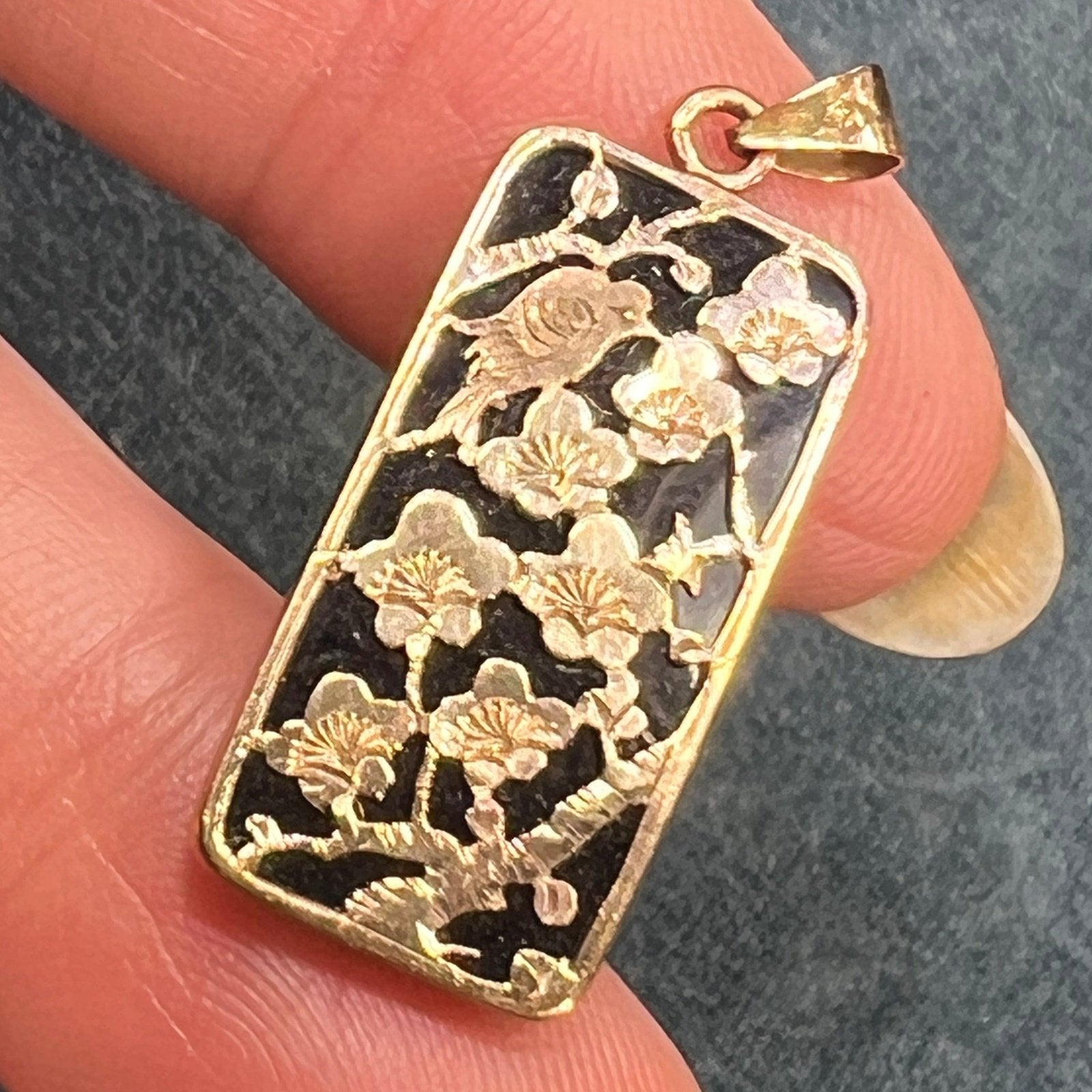 10k Yellow + Rose Gold Bird in Cherry Blossoms + Onyx Pendant. 1"