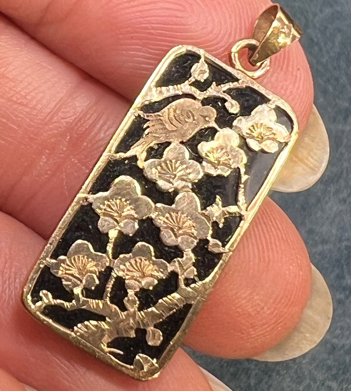 10k Yellow + Rose Gold Bird in Cherry Blossoms + Onyx Pendant. 1"