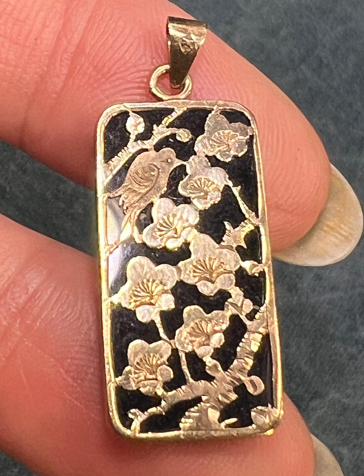 10k Yellow + Rose Gold Bird in Cherry Blossoms + Onyx Pendant. 1"