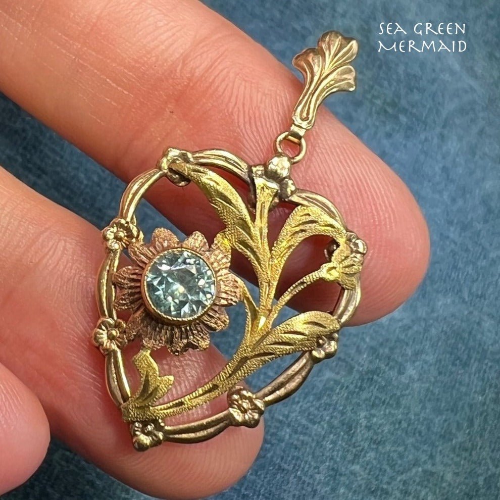 10k Yellow & Rose Gold Blue Topaz Filigree Flower Heart Pendant. 1.4"