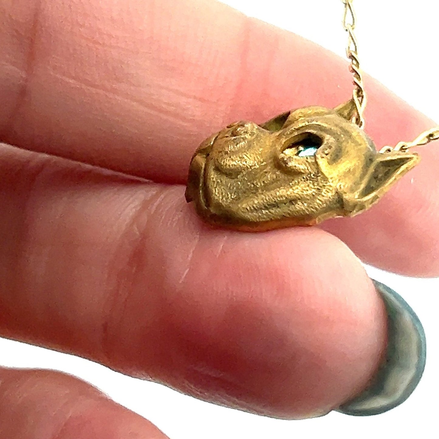 10k Yellow Rose Gold Pit Bull Dog Pendant w Blue Eyes. Antique