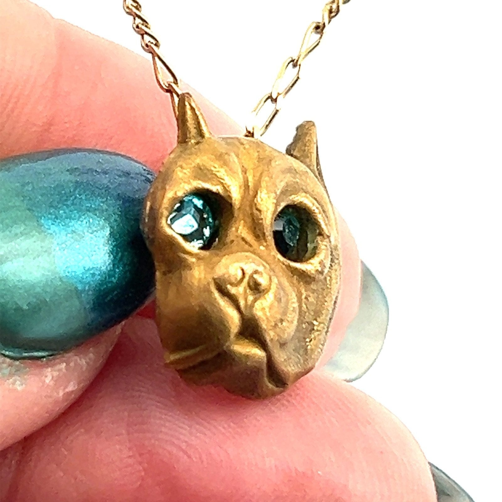 10k Yellow Rose Gold Pit Bull Dog Pendant w Blue Eyes. Antique