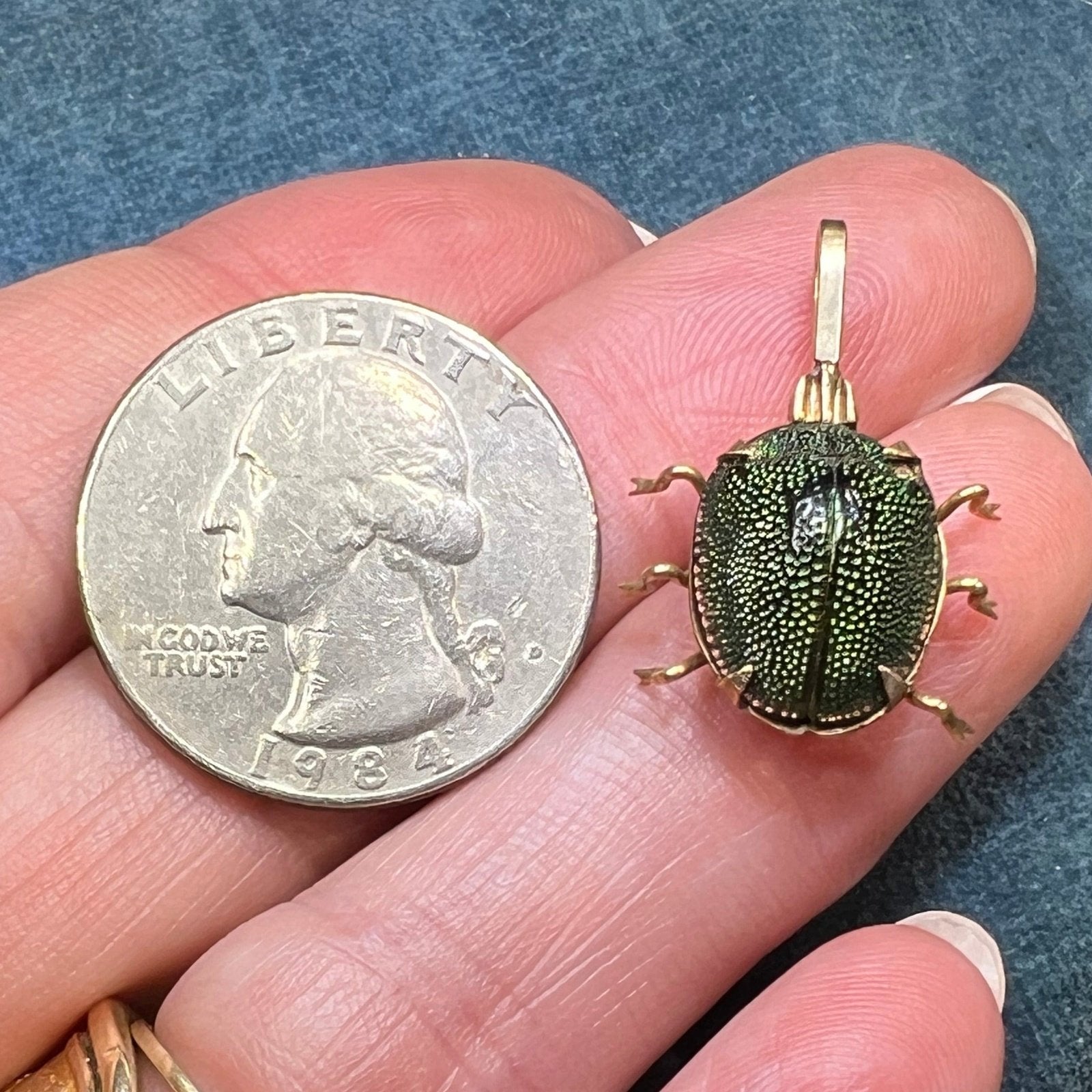 10k Yellow Rose Gold Real SCARAB 1" Pendant w Tiny Legs. Antique