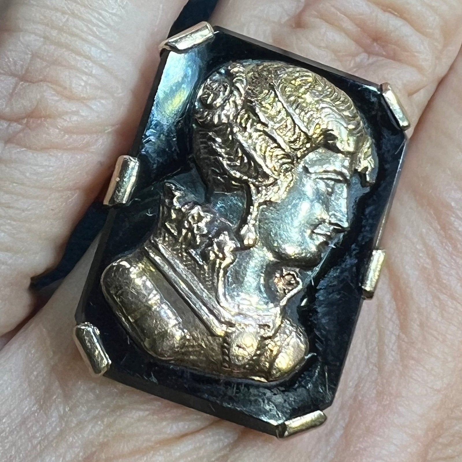 10k Yellow + Rose + White Gold Onyx Victorian Cameo Ring. 1" RARE