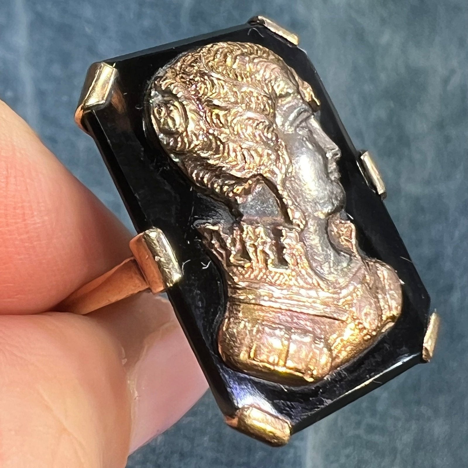 10k Yellow + Rose + White Gold Onyx Victorian Cameo Ring. 1" RARE