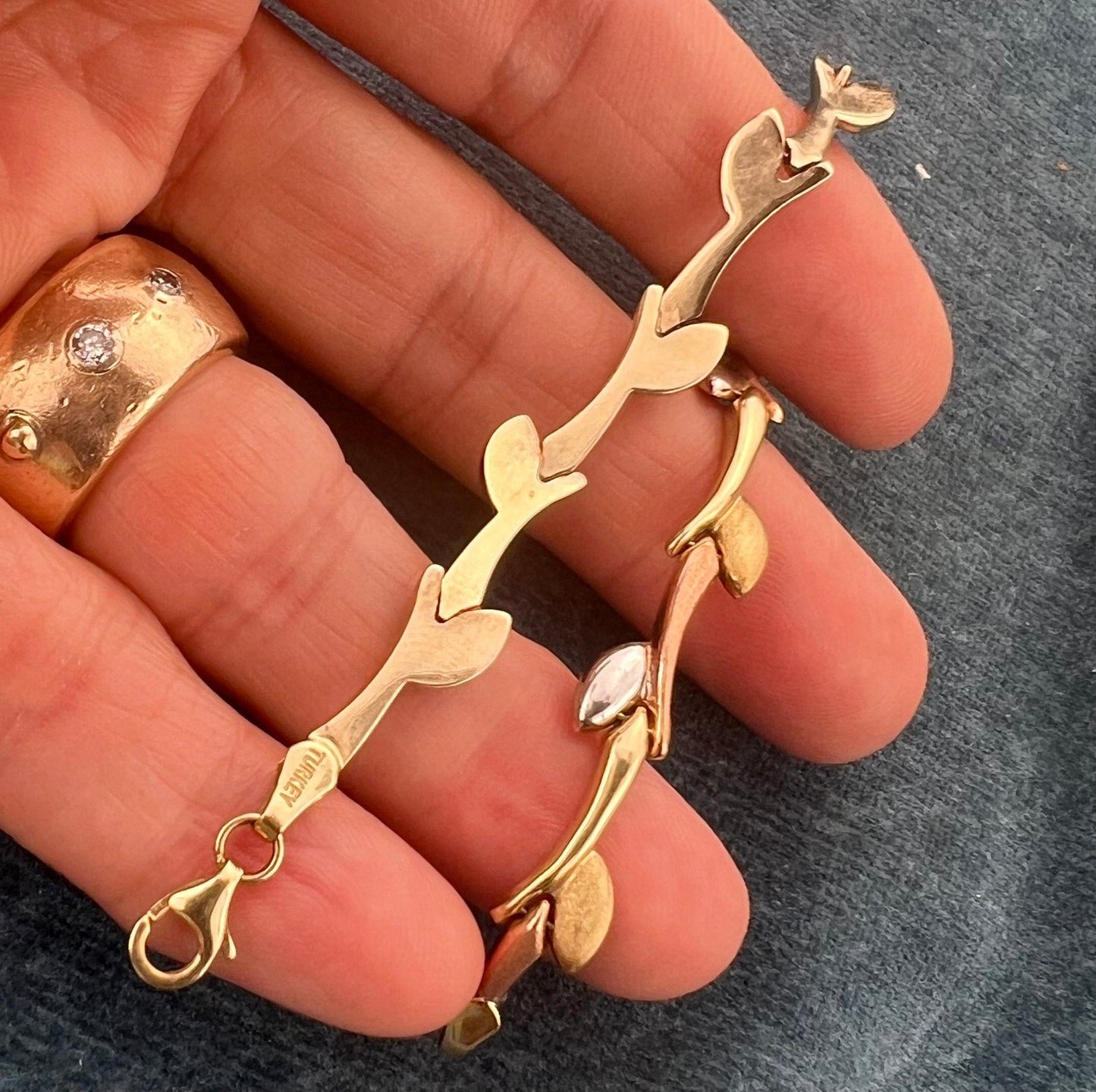 10k Yellow White + Rose Tri Color Gold Vine Leaf Link Bracelet