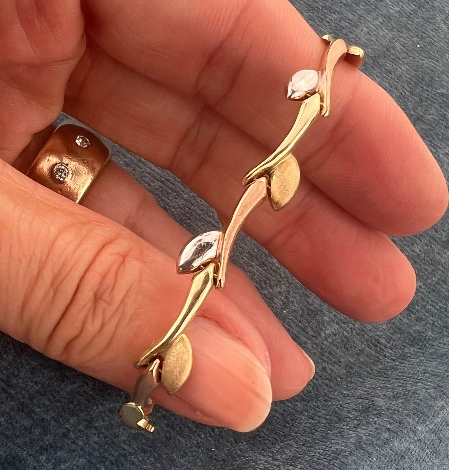 10k Yellow White + Rose Tri Color Gold Vine Leaf Link Bracelet