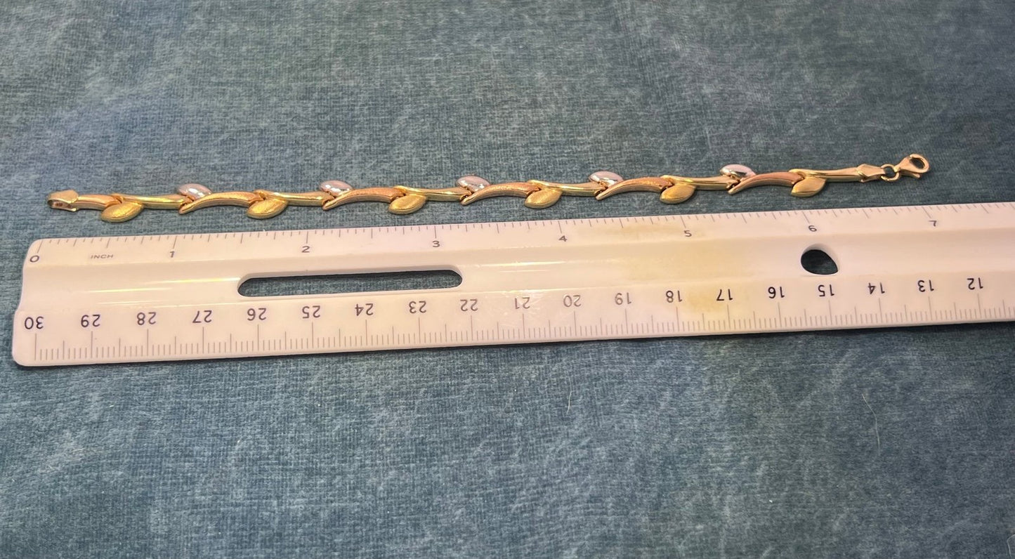 10k Yellow White + Rose Tri Color Gold Vine Leaf Link Bracelet
