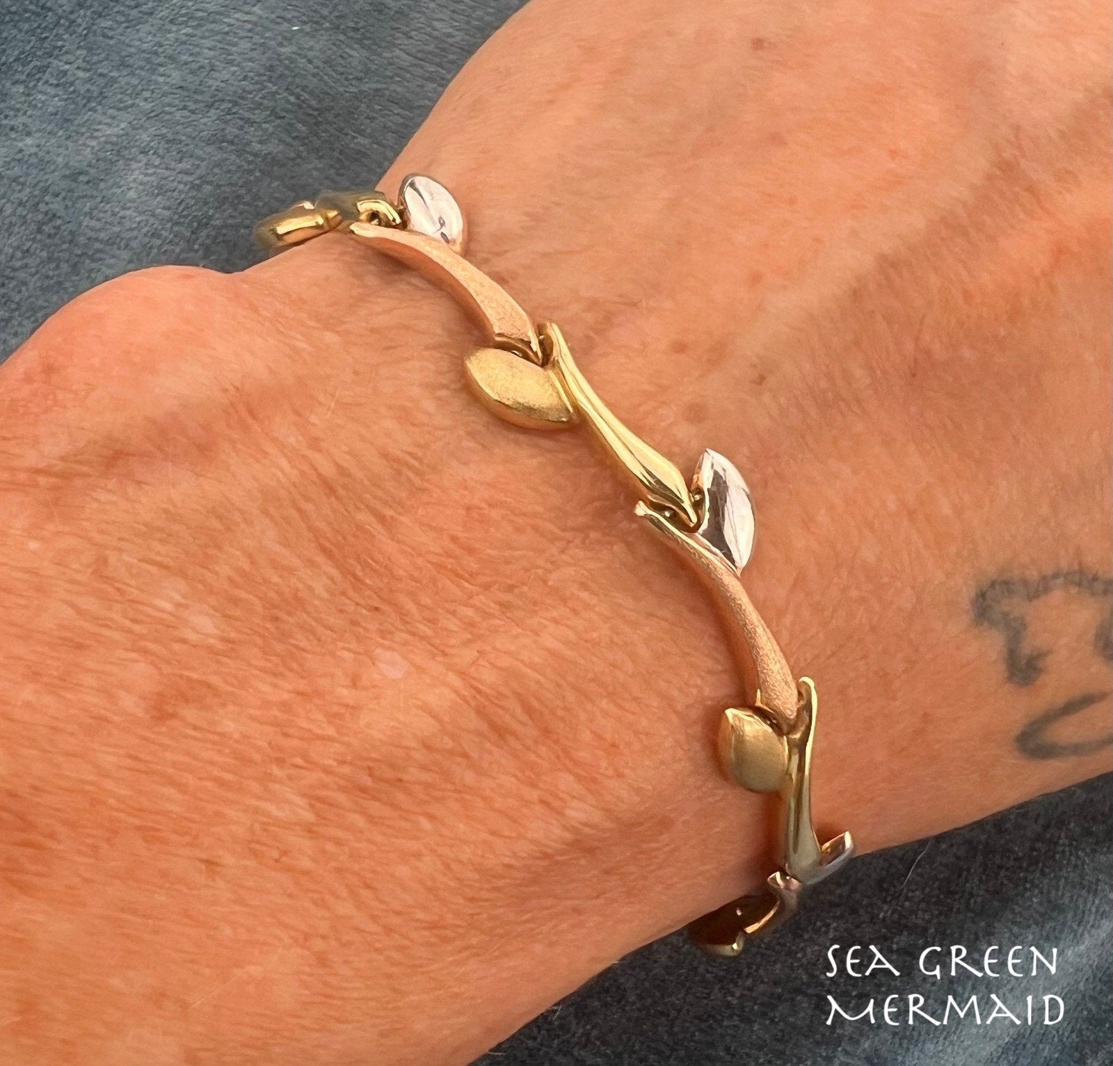 10k Yellow White + Rose Tri Color Gold Vine Leaf Link Bracelet