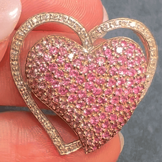 14K White Gold Heart Pendant w Pave Diamonds + Rubies. 1" + 6g *Video*