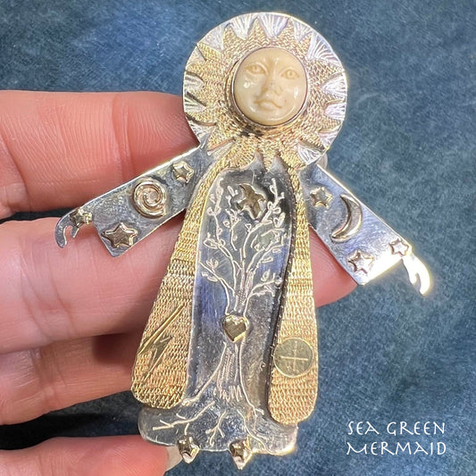 14k + 18k Gold & 925 Carved "Spirit Doll" Goddess Pendant. M Lombard *Video*