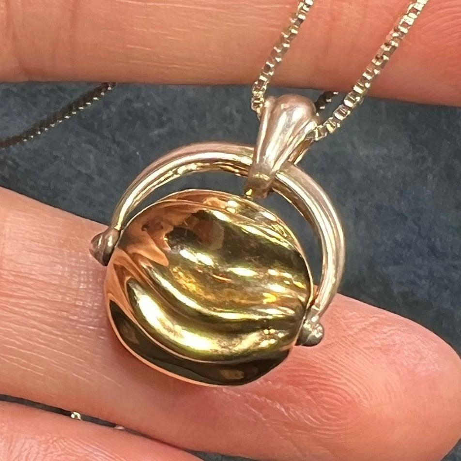 14k 2-Tone Gold Spinning Orb Ball Fidget Pendant. Free 925 Chain! *VIDEO*