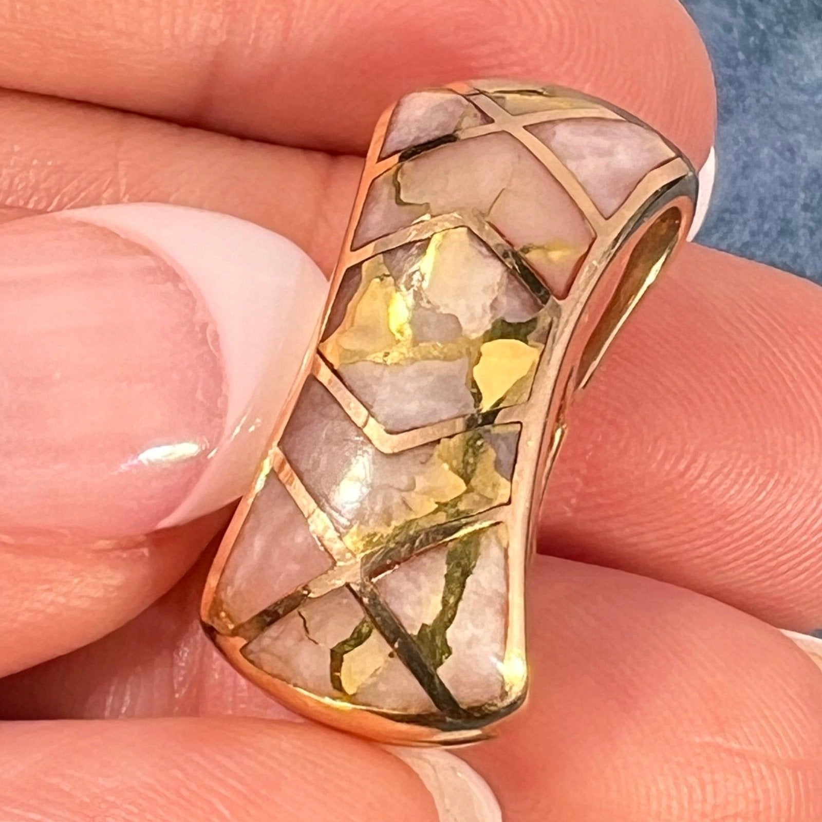 14k Alaskan Gold in Quartz Inlay Hourglass Slide Pendant. 1"+ 6g *Video*