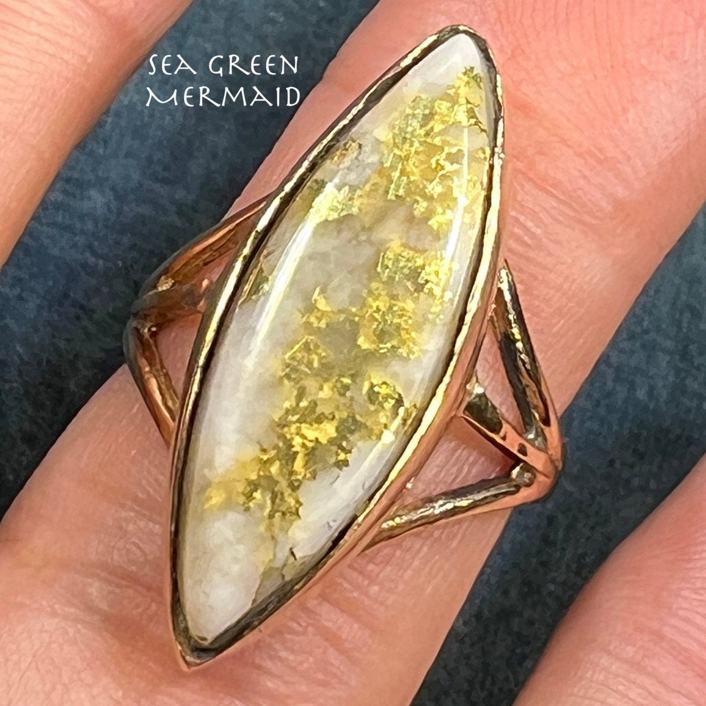 14k Gold 1" MARQUISE Cut Alaskan Gold in Quartz Ring. 8g