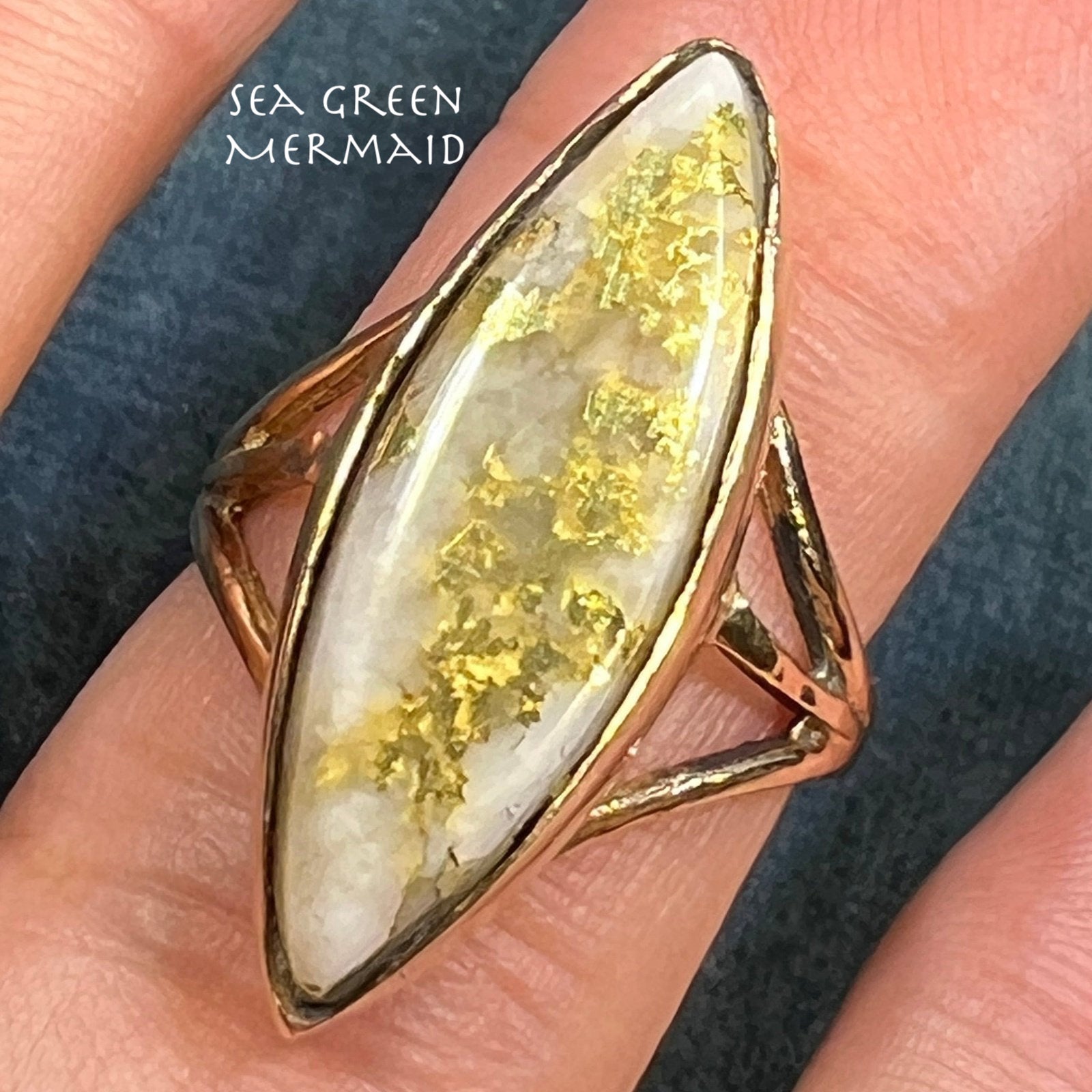 14k Gold 1" MARQUISE Cut Alaskan Gold in Quartz Ring. 8g