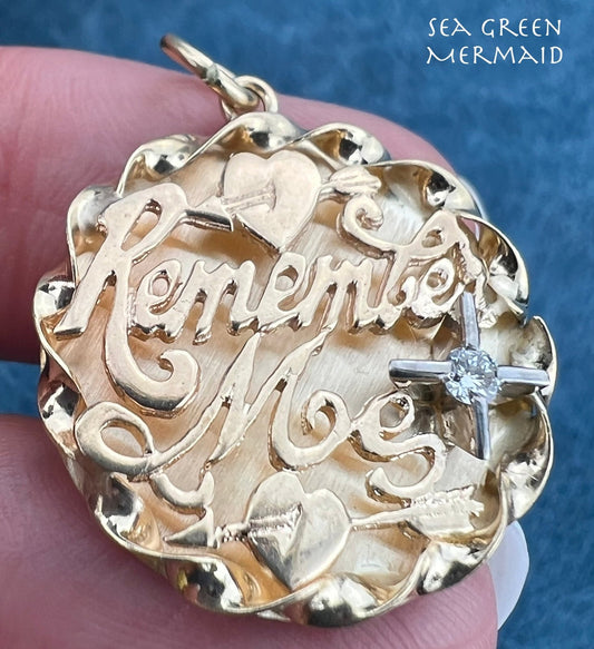 14k Gold 1" Medallion Pendant w Diamond. "Remember Me"