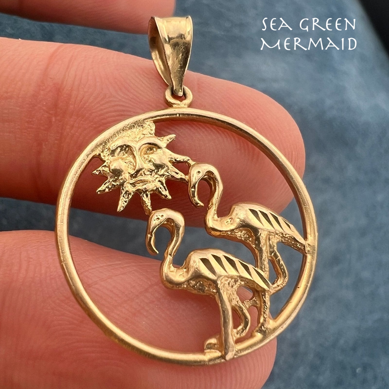 14k Gold 2 Flamingos on Sunny Beach Circle Pendant. Ocean Loving Couple!