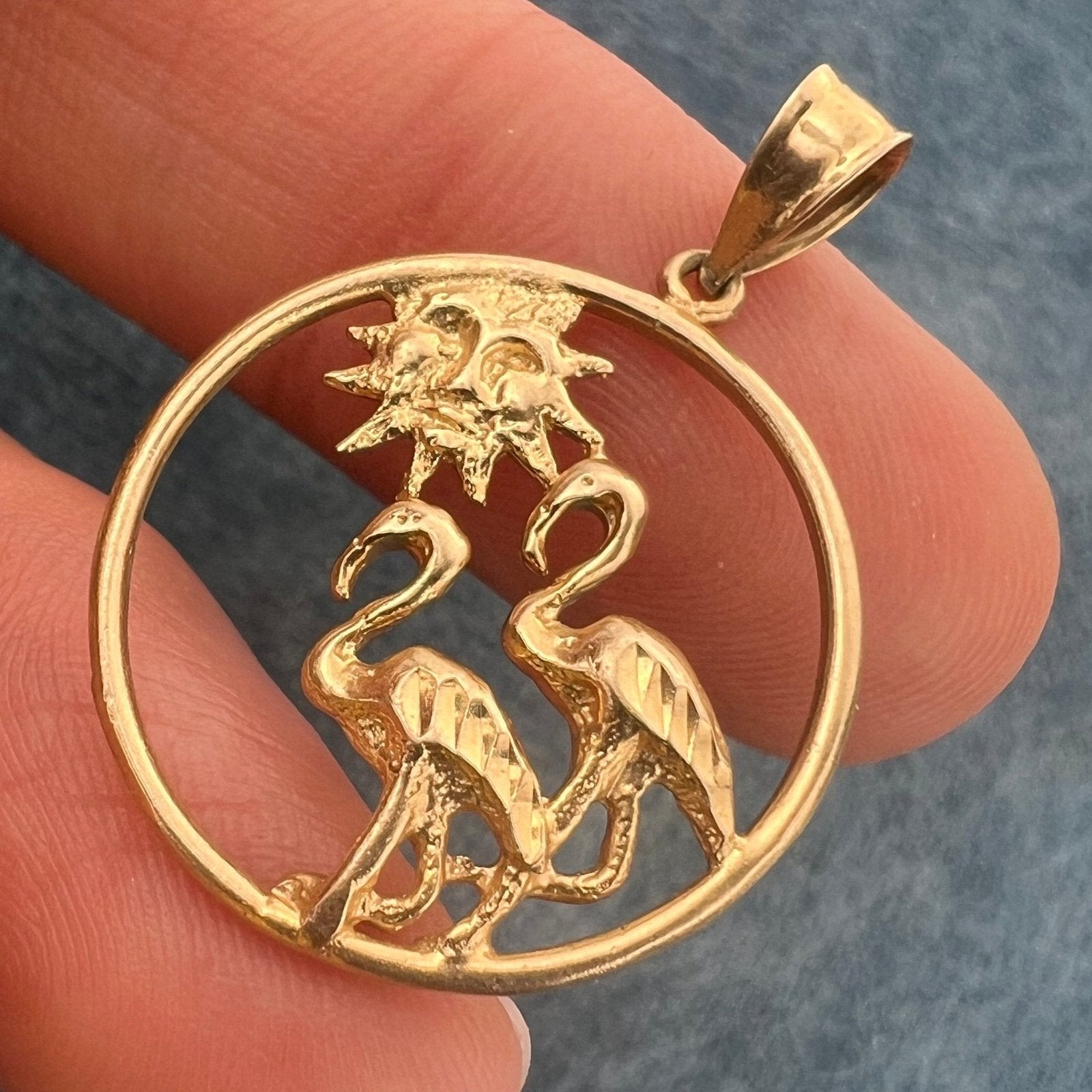 14k Gold 2 Flamingos on Sunny Beach Circle Pendant. Ocean Loving Couple!