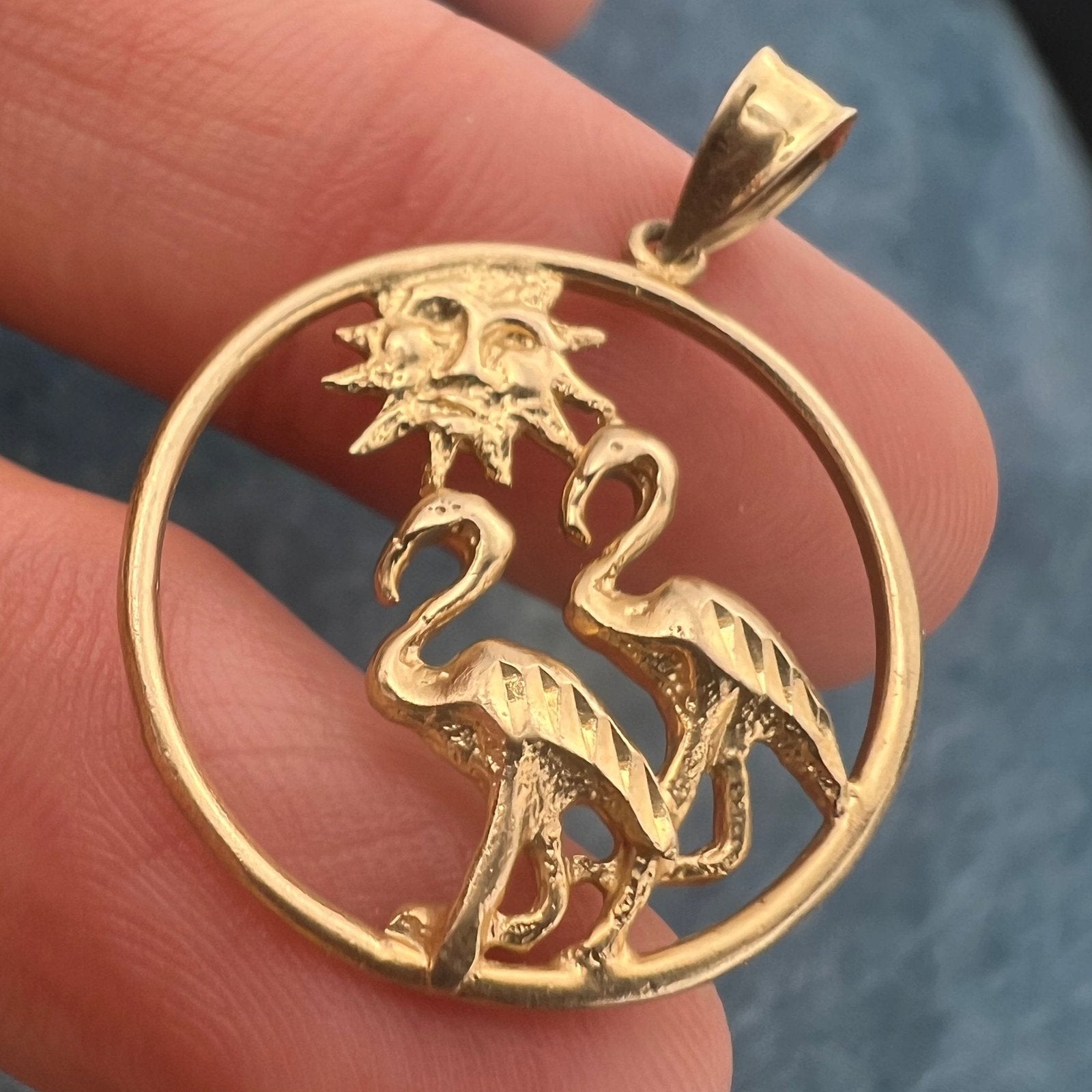 14k Gold 2 Flamingos on Sunny Beach Circle Pendant. Ocean Loving Couple!