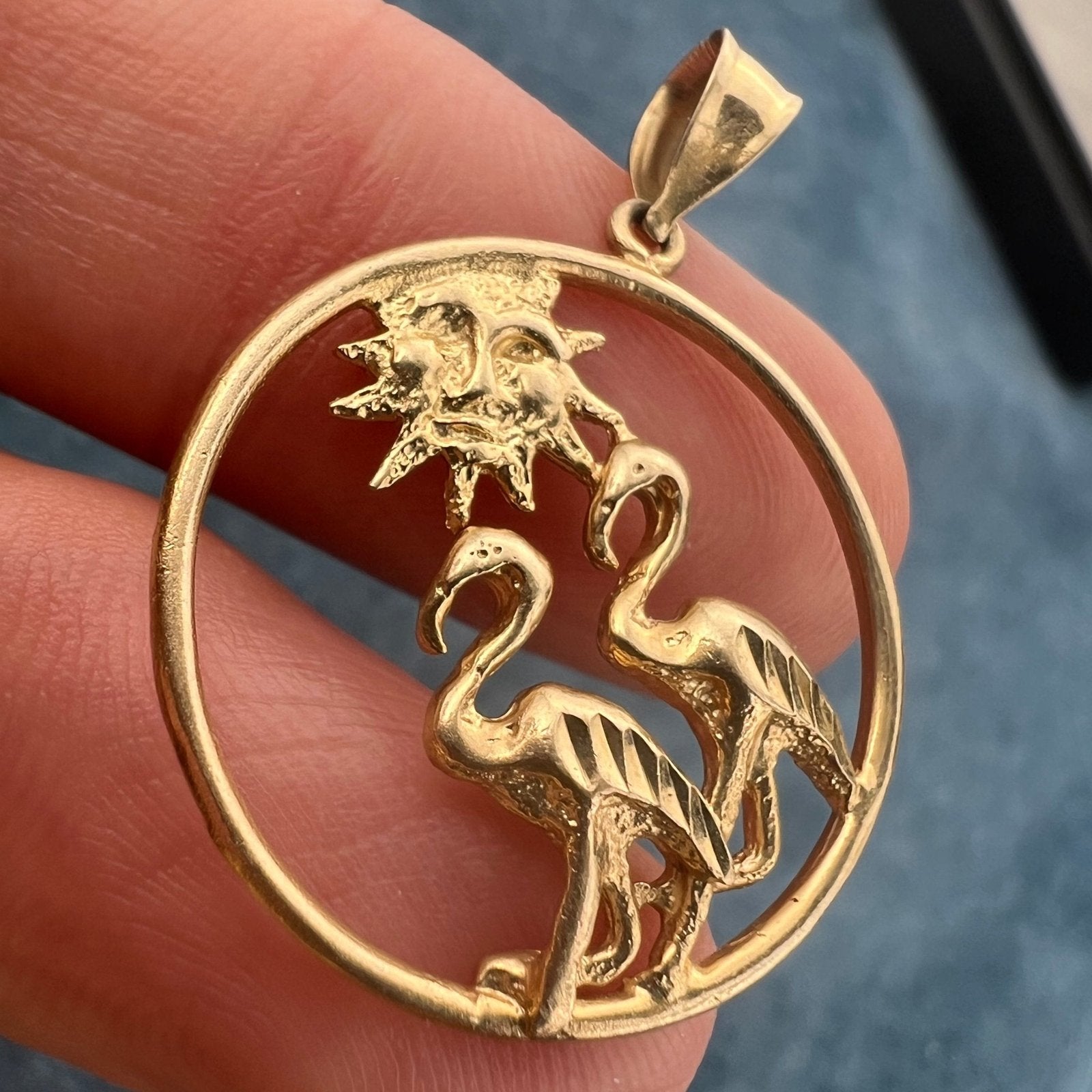 14k Gold 2 Flamingos on Sunny Beach Circle Pendant. Ocean Loving Couple!