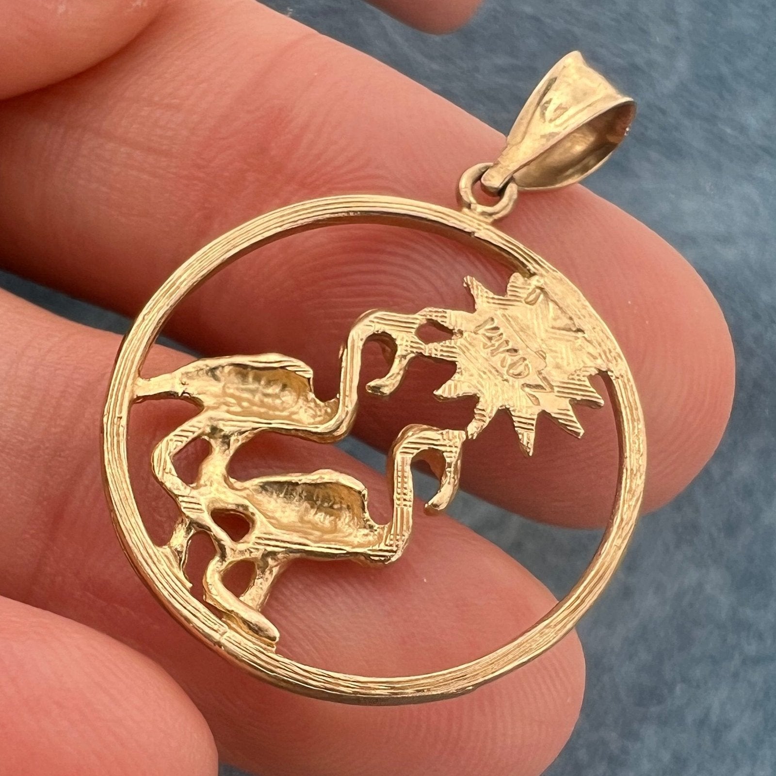 14k Gold 2 Flamingos on Sunny Beach Circle Pendant. Ocean Loving Couple!