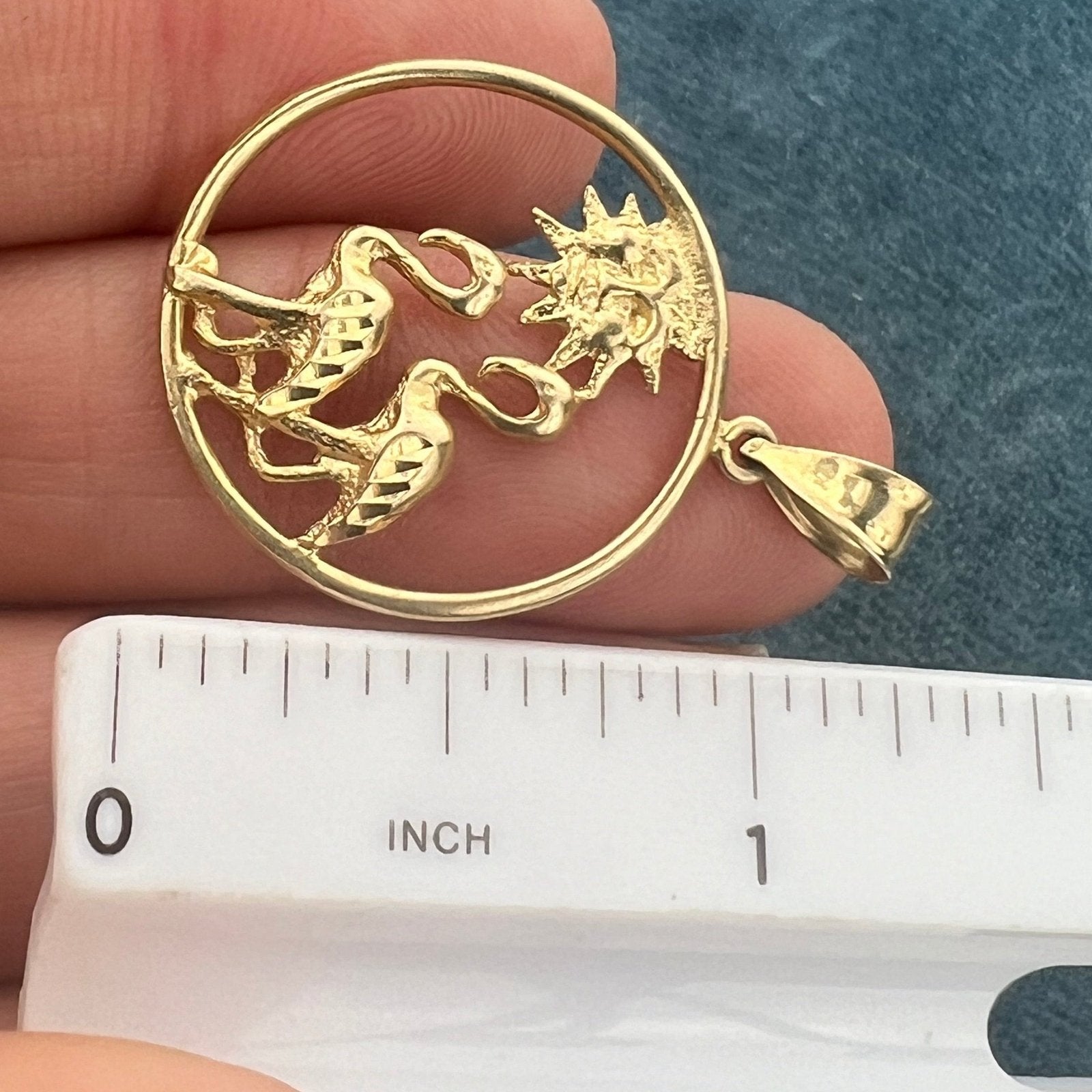 14k Gold 2 Flamingos on Sunny Beach Circle Pendant. Ocean Loving Couple!