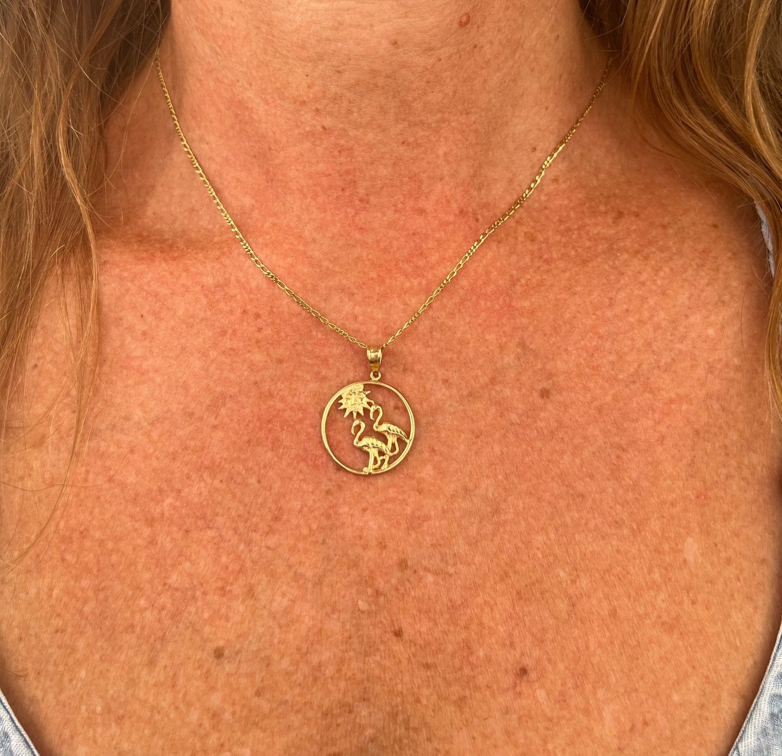 14k Gold 2 Flamingos on Sunny Beach Circle Pendant. Ocean Loving Couple!