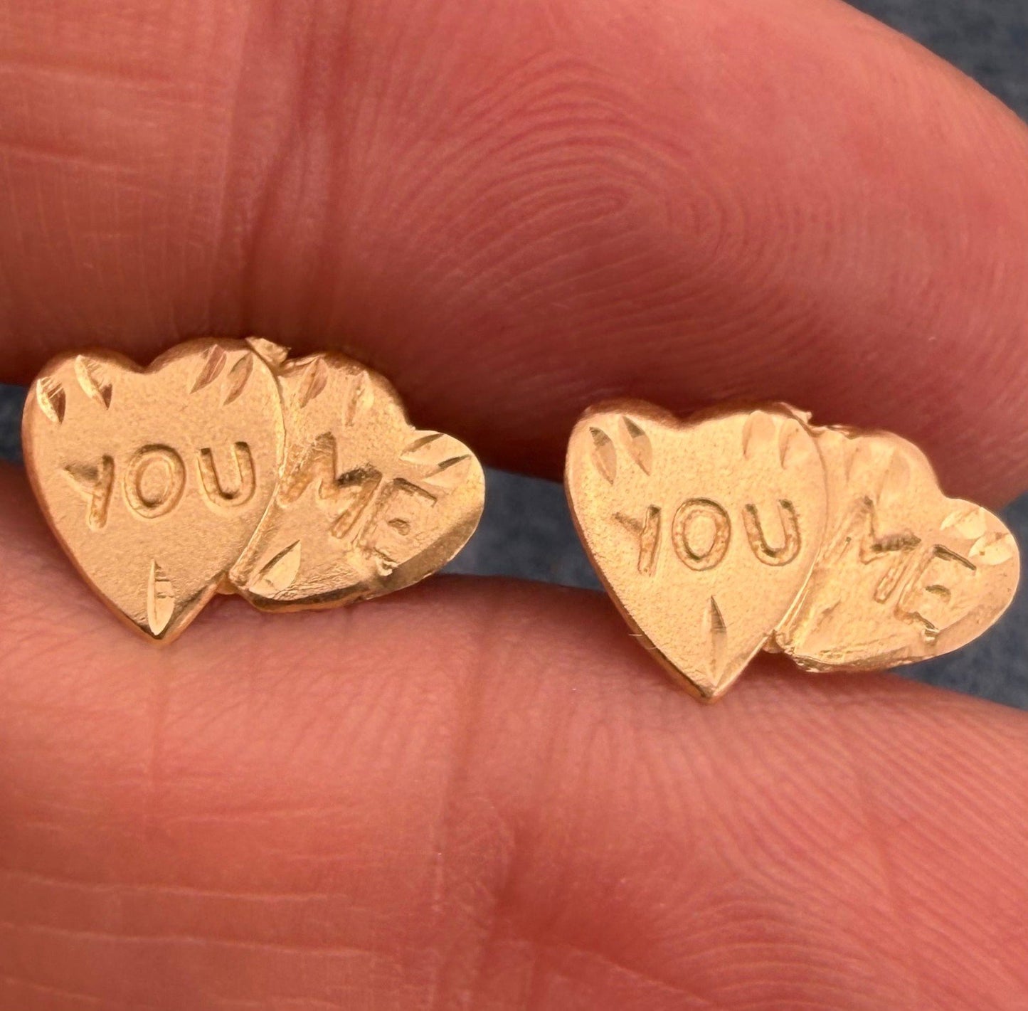 14k Gold 2 Hearts Sweethearts Earrings. "You & Me"
