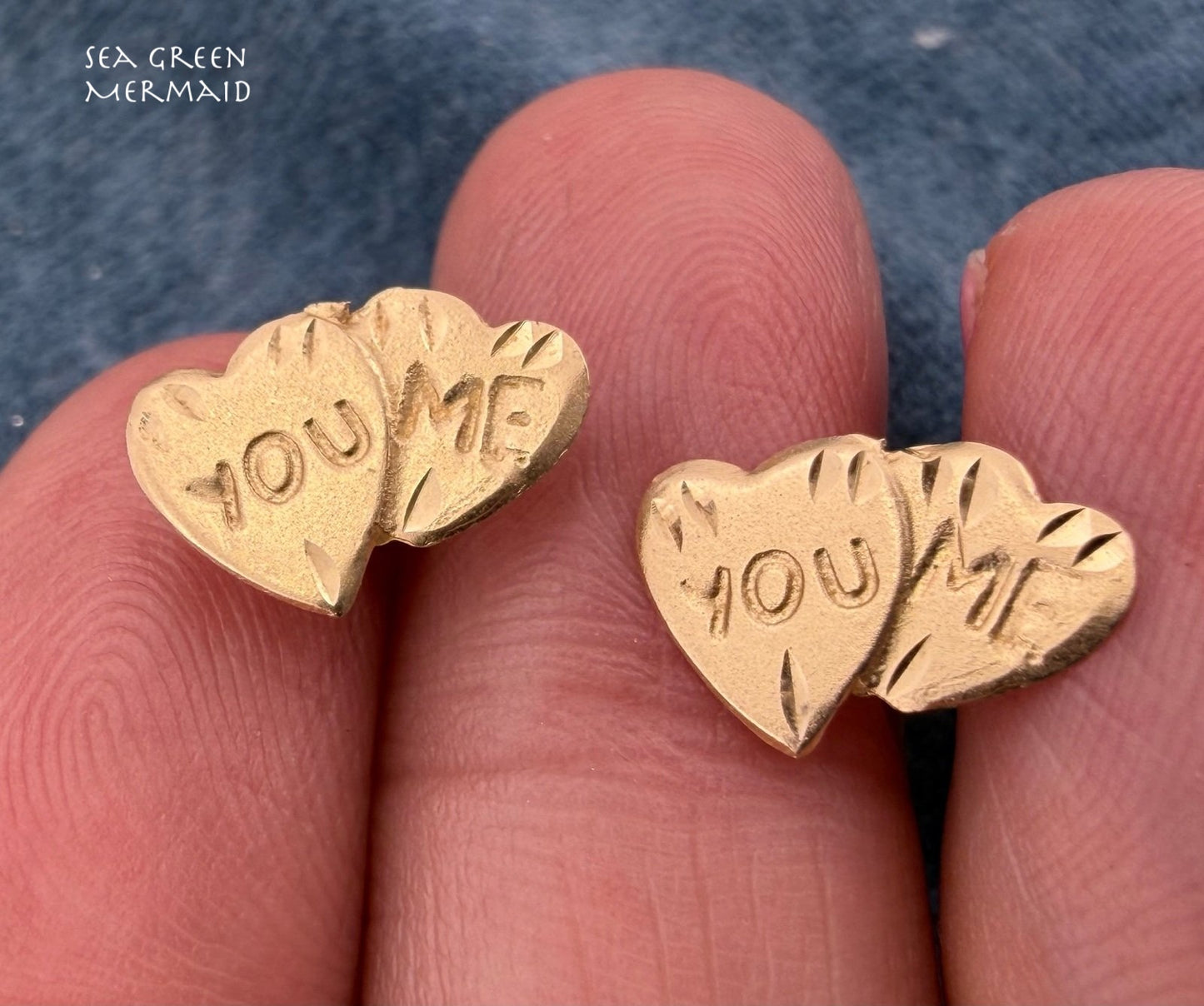 14k Gold 2 Hearts Sweethearts Earrings. "You & Me"
