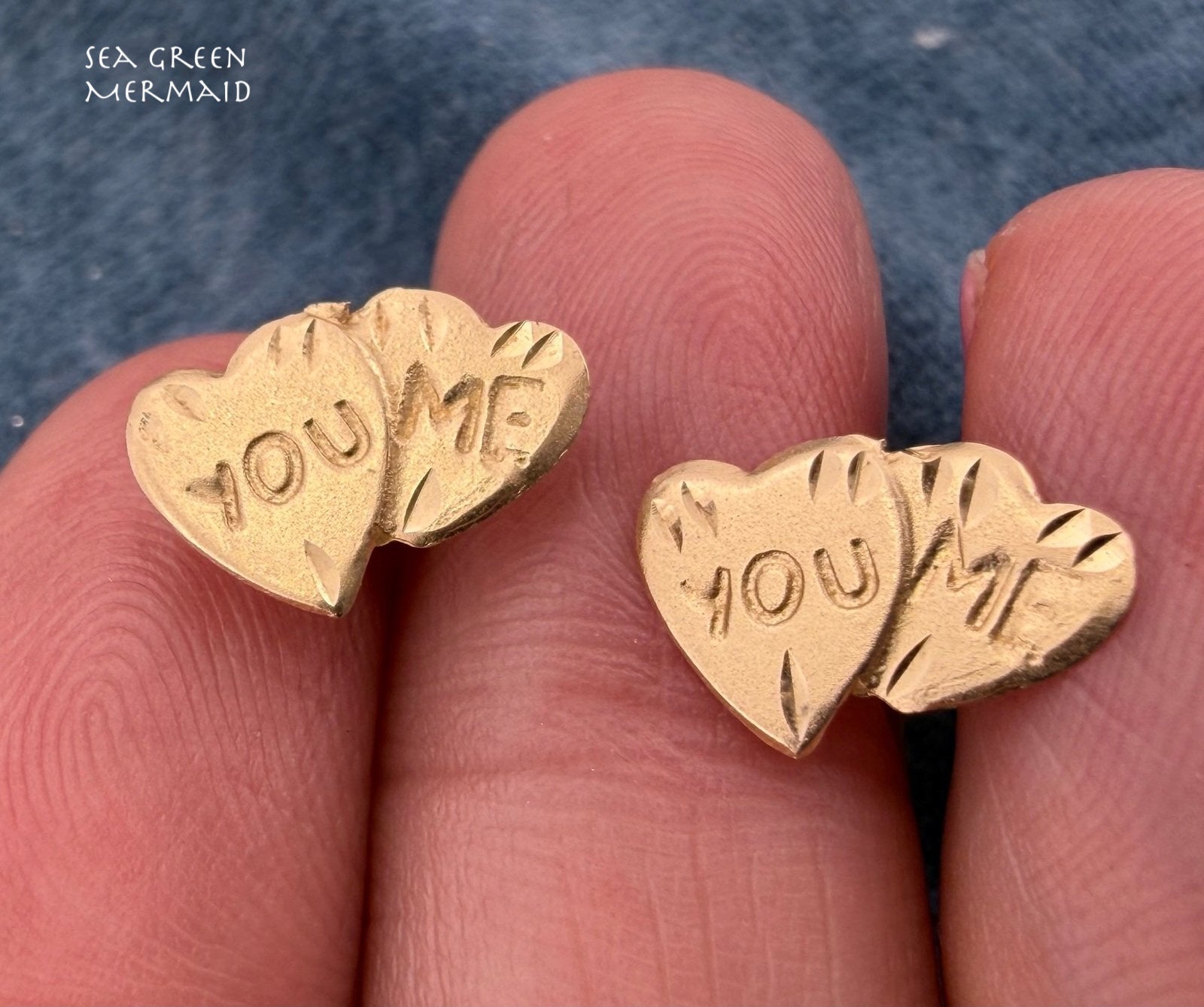 14k Gold 2 Hearts Sweethearts Earrings. "You & Me"