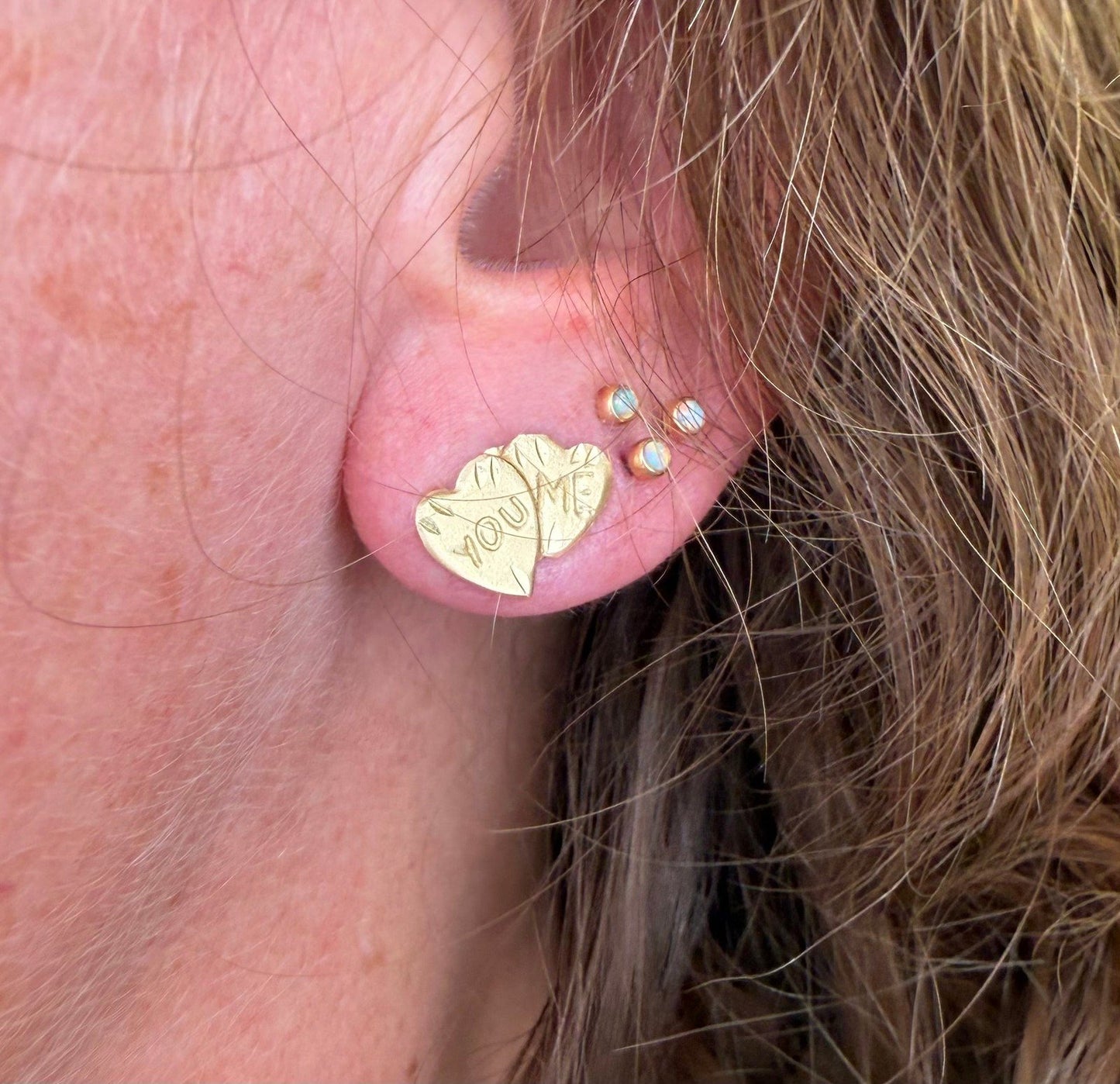 14k Gold 2 Hearts Sweethearts Earrings. "You & Me"