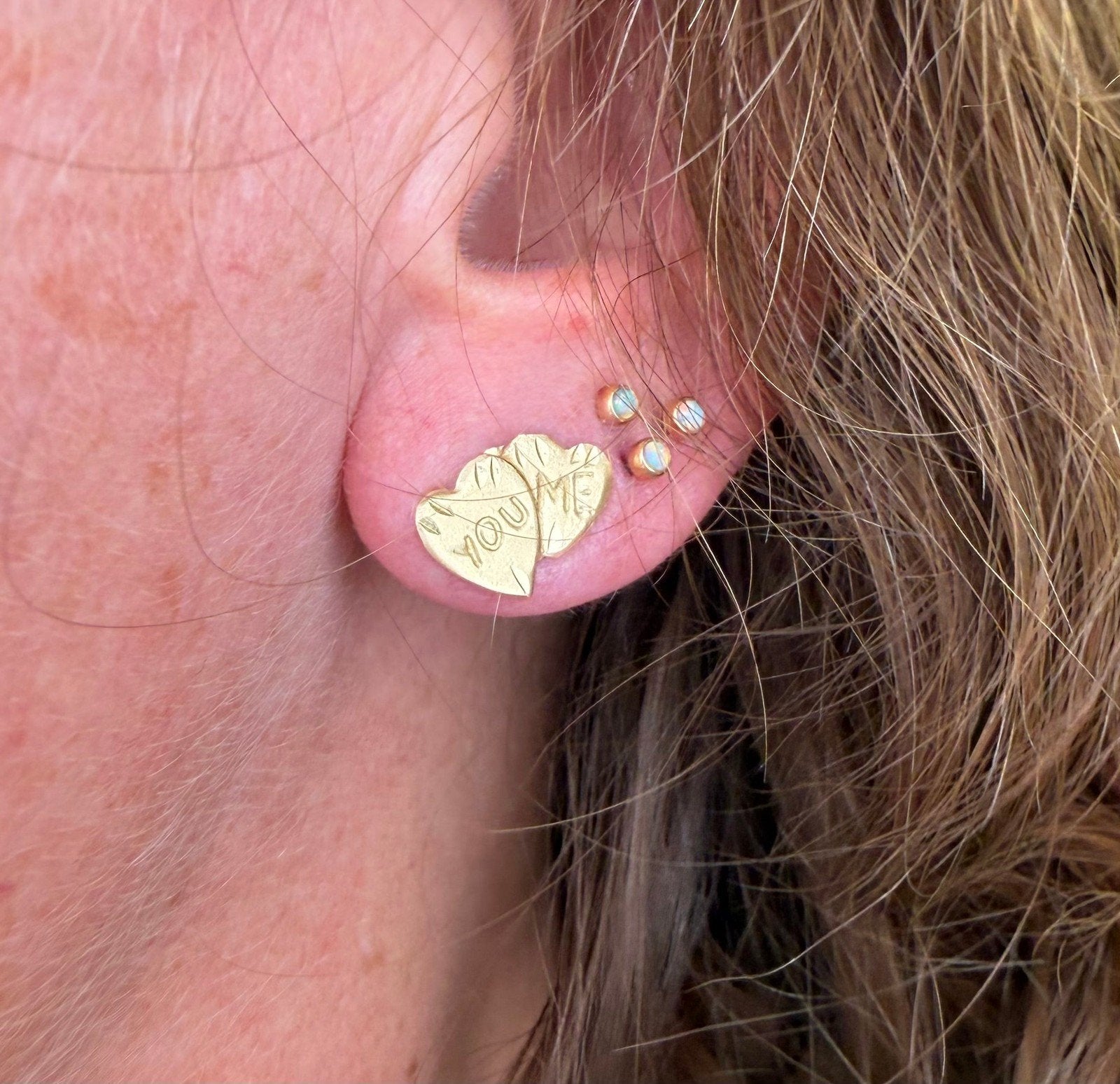 14k Gold 2 Hearts Sweethearts Earrings. "You & Me"