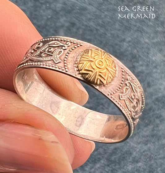 14k Gold 2 Suns on Wide Silver Band Ring. Celtic Snake Design *Video*