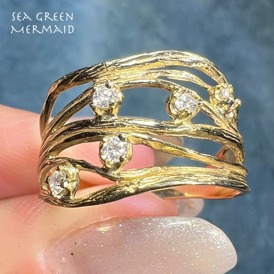 14k Gold 7 Band Wavy Stacked Ring w 5 Diamonds. 1/2" Wide