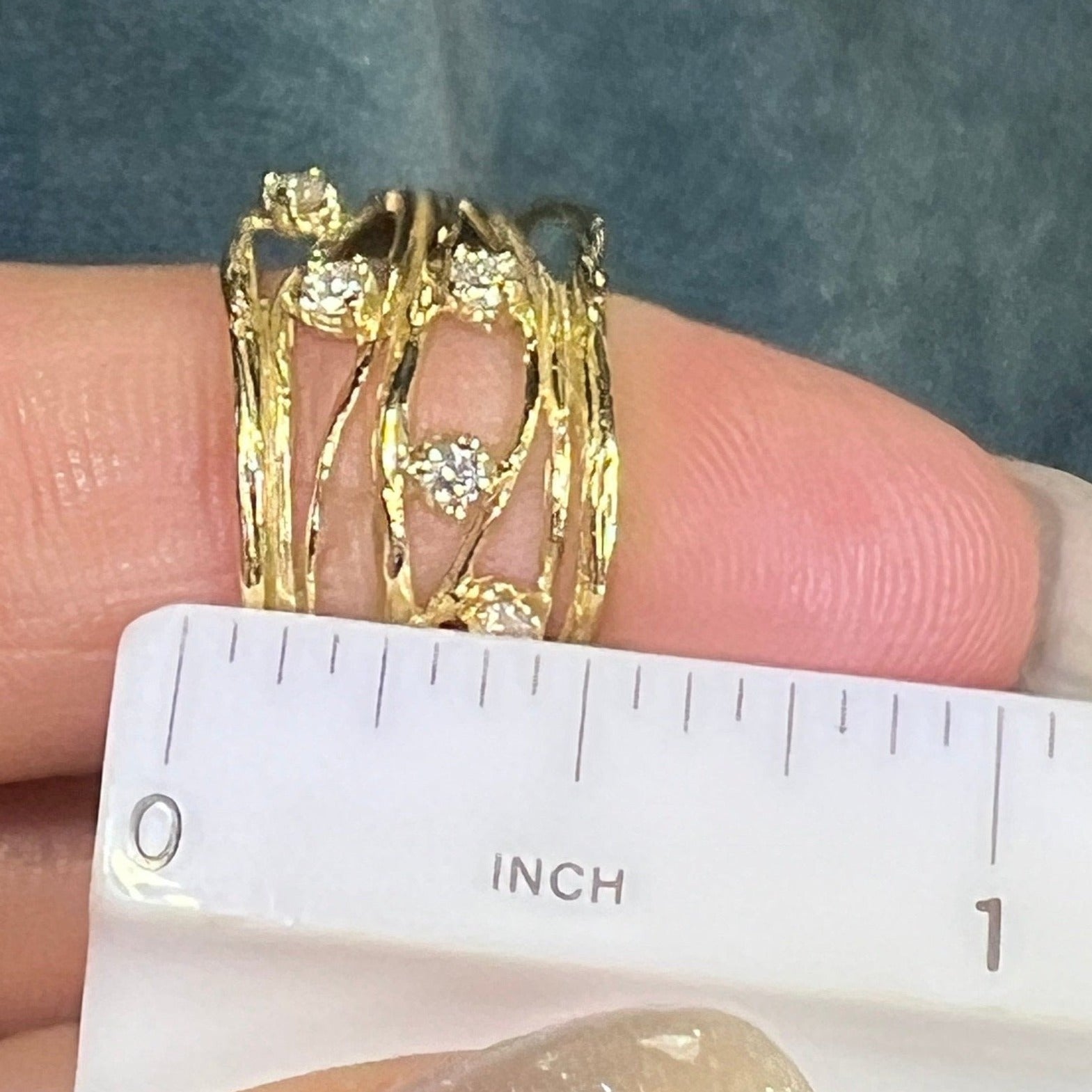 14k Gold 7 Band Wavy Stacked Ring w 5 Diamonds. 1/2" Wide