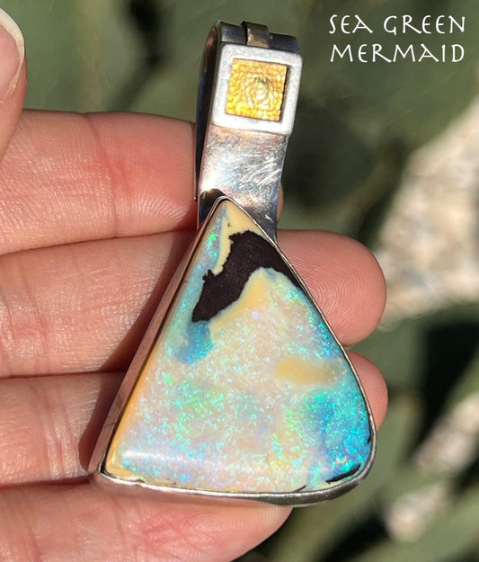 14k Gold + 925 Australian Boulder Opal Pendant. 2.2" + 31g *Video*