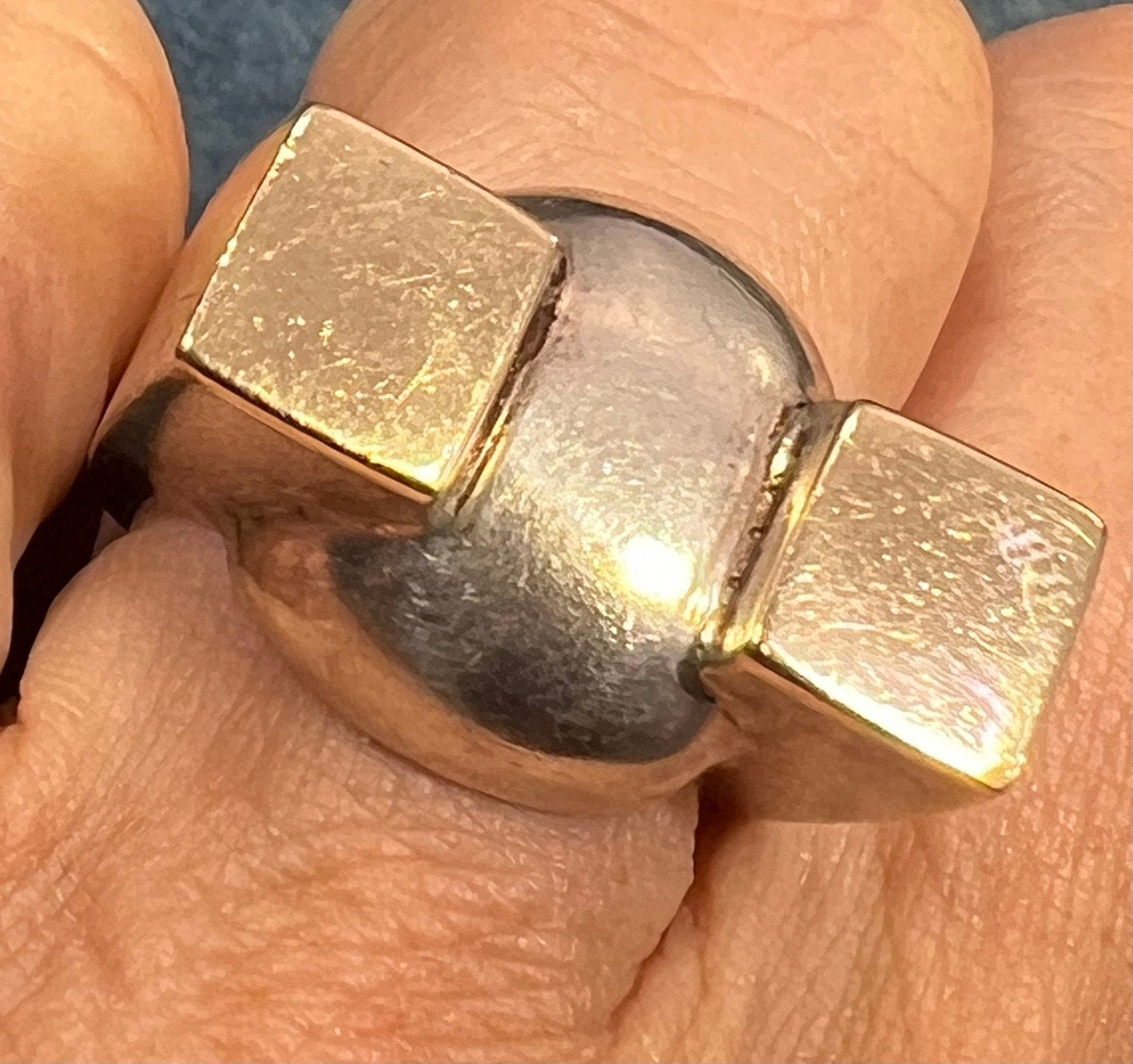 14k Gold + 925 Ball + Block Ring. Wide MCM Modernist Design