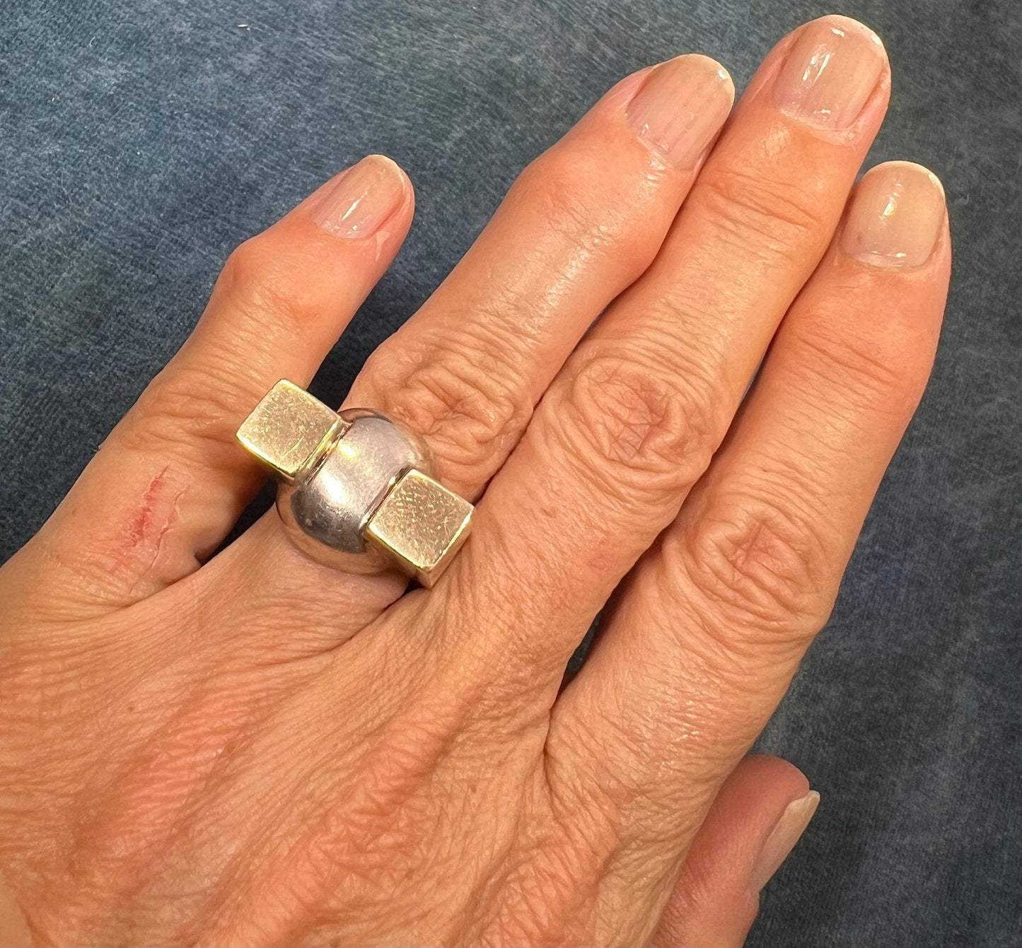 14k Gold + 925 Ball + Block Ring. Wide MCM Modernist Design