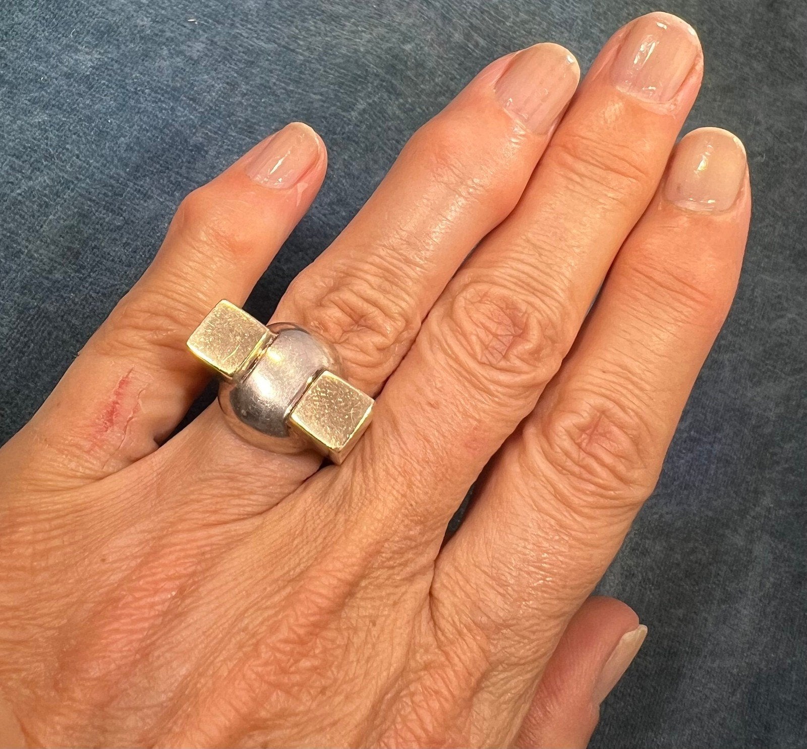 14k Gold + 925 Ball + Block Ring. Wide MCM Modernist Design