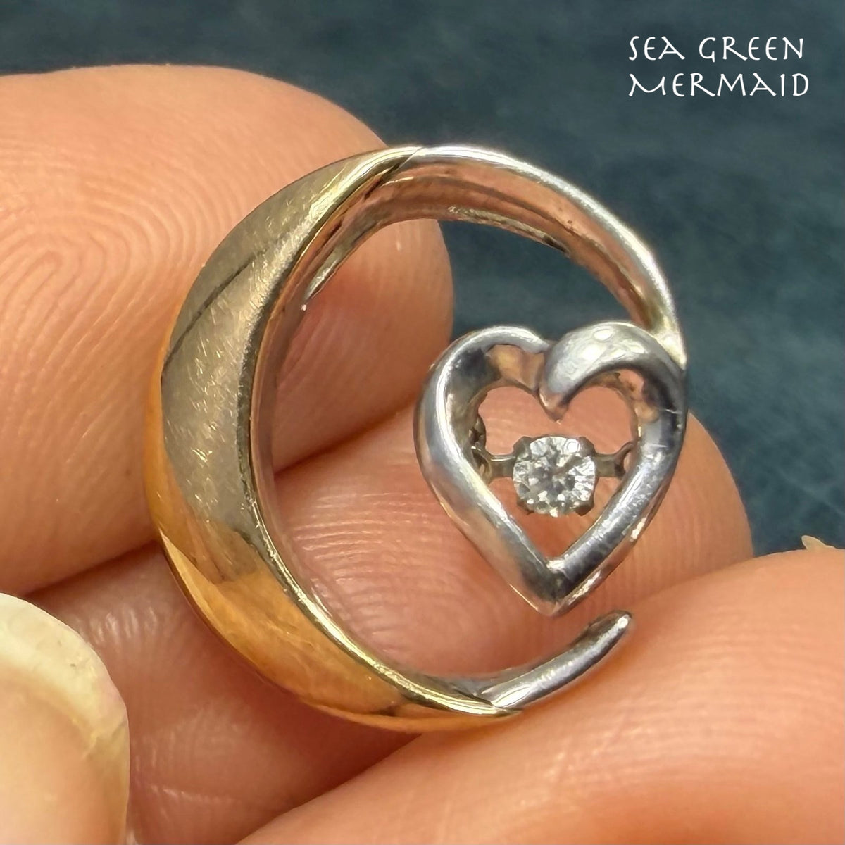 14k Gold 925 Crescent Moon 1/4 Ct. Diamond Heart Pendant. Love You to the Moon