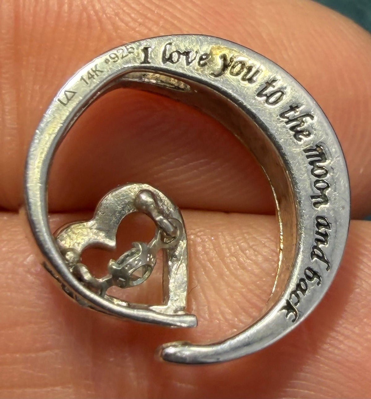 14k Gold + 925 Crescent Moon 1/4 Ct. Diamond Heart Pendant. Love You to the Moon *Video*