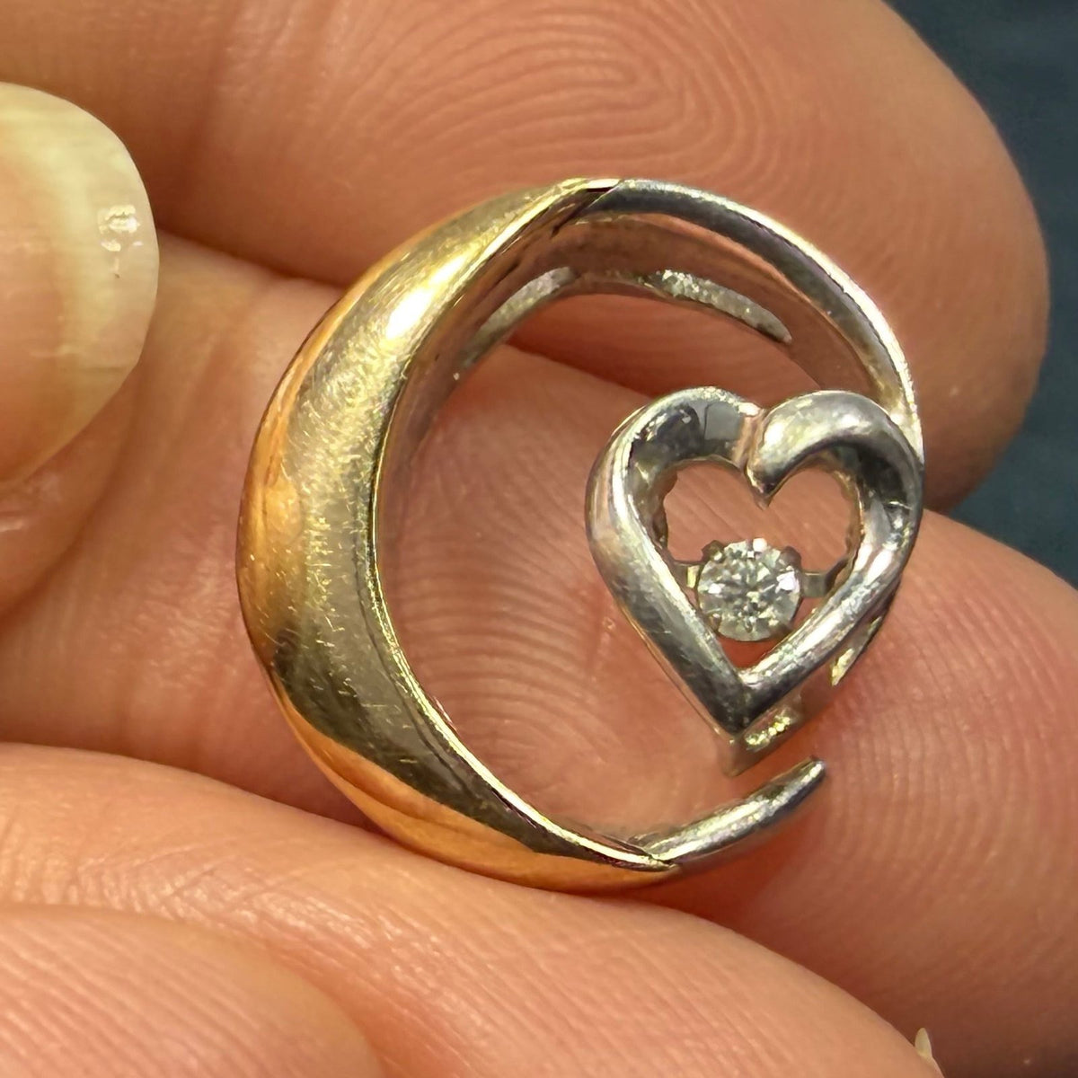 14k Gold + 925 Crescent Moon 1/4 Ct. Diamond Heart Pendant. Love You to the Moon *Video*