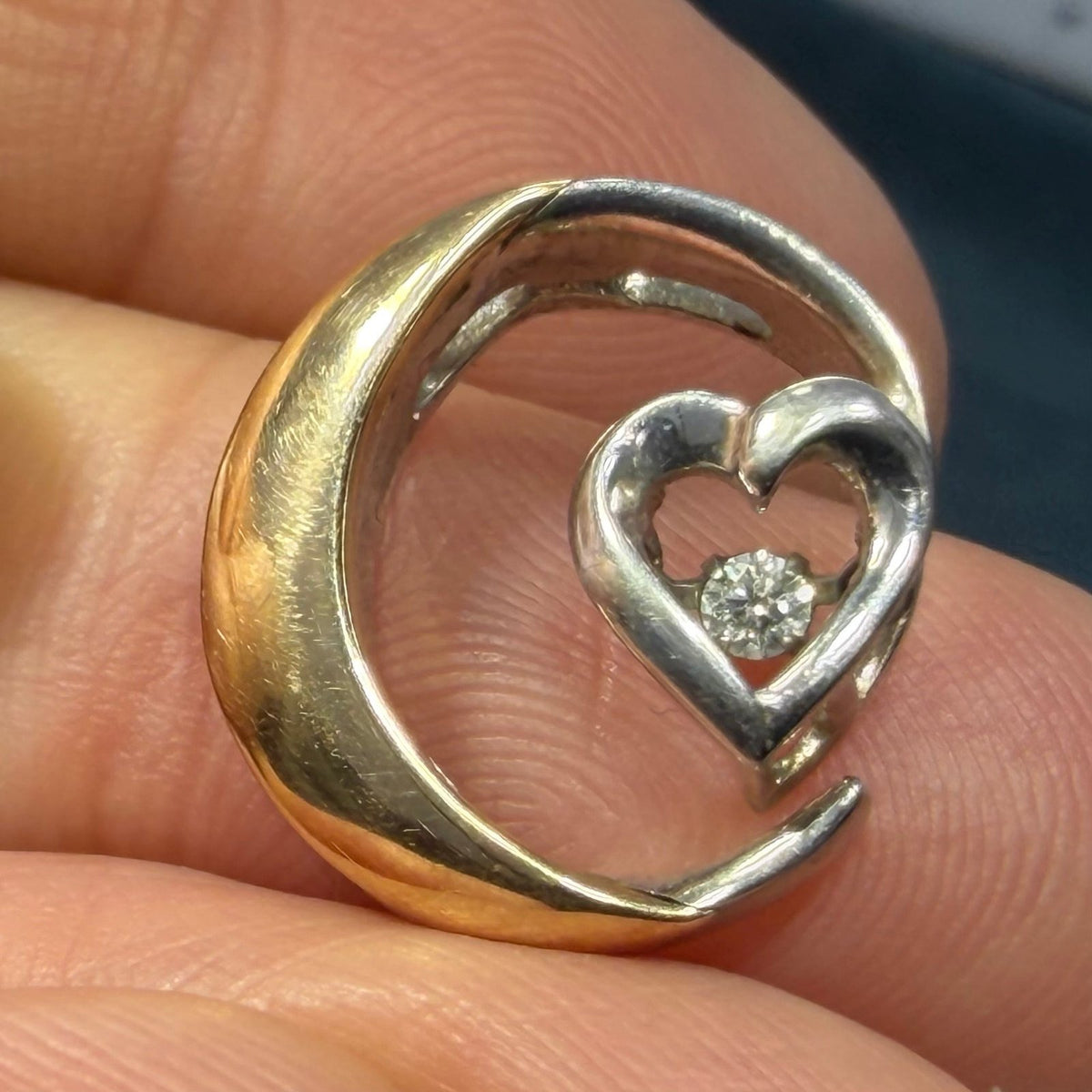 14k Gold + 925 Crescent Moon 1/4 Ct. Diamond Heart Pendant. Love You to the Moon *Video*
